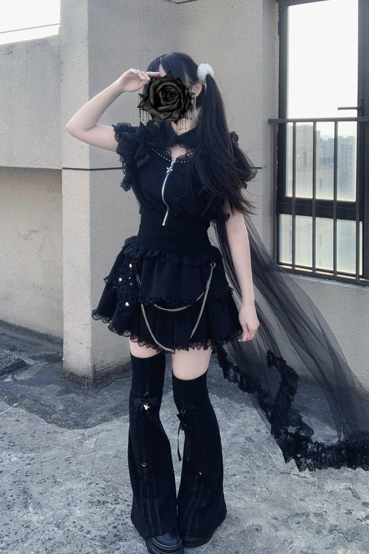Gothic Layered Lace Zip Chain Skirt Set with Short Sleeves - Song of Atonement