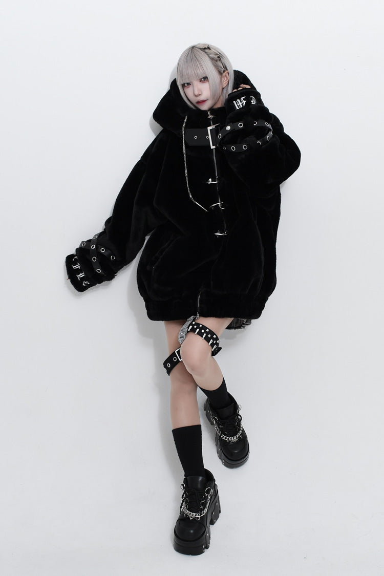 Hooded Punk Jirai Coat with Cross Leather Buckles in Two Tones