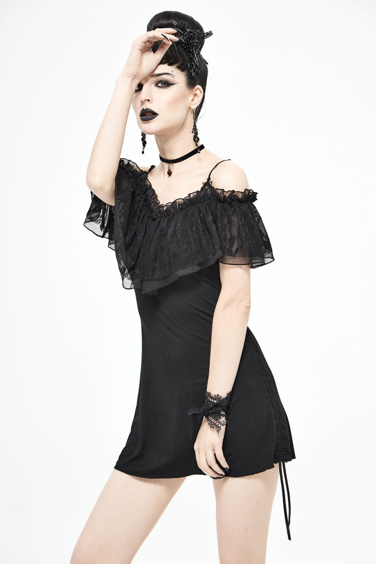 Off-Shoulder Chest Frilly Punk Tee for Women with Lace-Up Detail