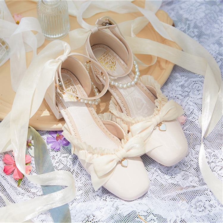 Sweet Lolita Footwear with Bow, Lace, and Pearl Accents in 4 Colors
