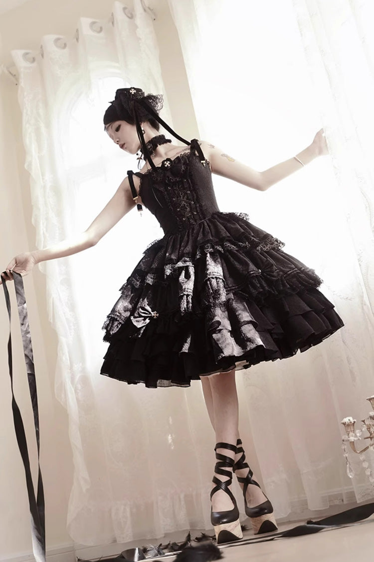 Black Gothic Ballet Lolita JSK Double Layered Lace Ruffled
