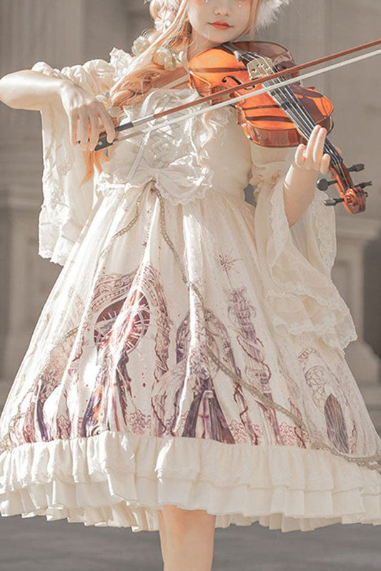 Ivory Gothic Lolita JSK Dress with Angel Wings Print and Mesh Ruffles - Altfashion Shop