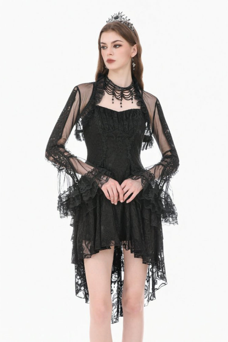 Gothic Sheer Mesh Black Lace High-Collar Flared Long-Sleeve Dramatic Cape