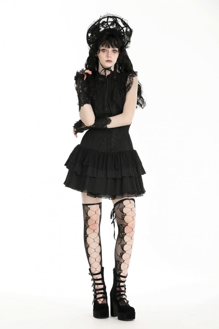 Gothic Sleeveless Black Lace Bow-Accented High-Neck Triple-Tiered Hem Long Dress