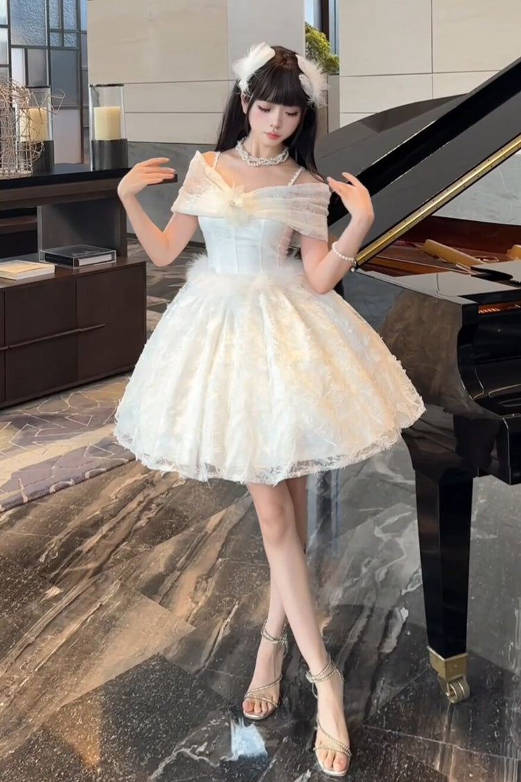 Ivory Moonlight Off-Shoulder Jacquard Embroidered Bow Gothic Mini JSK