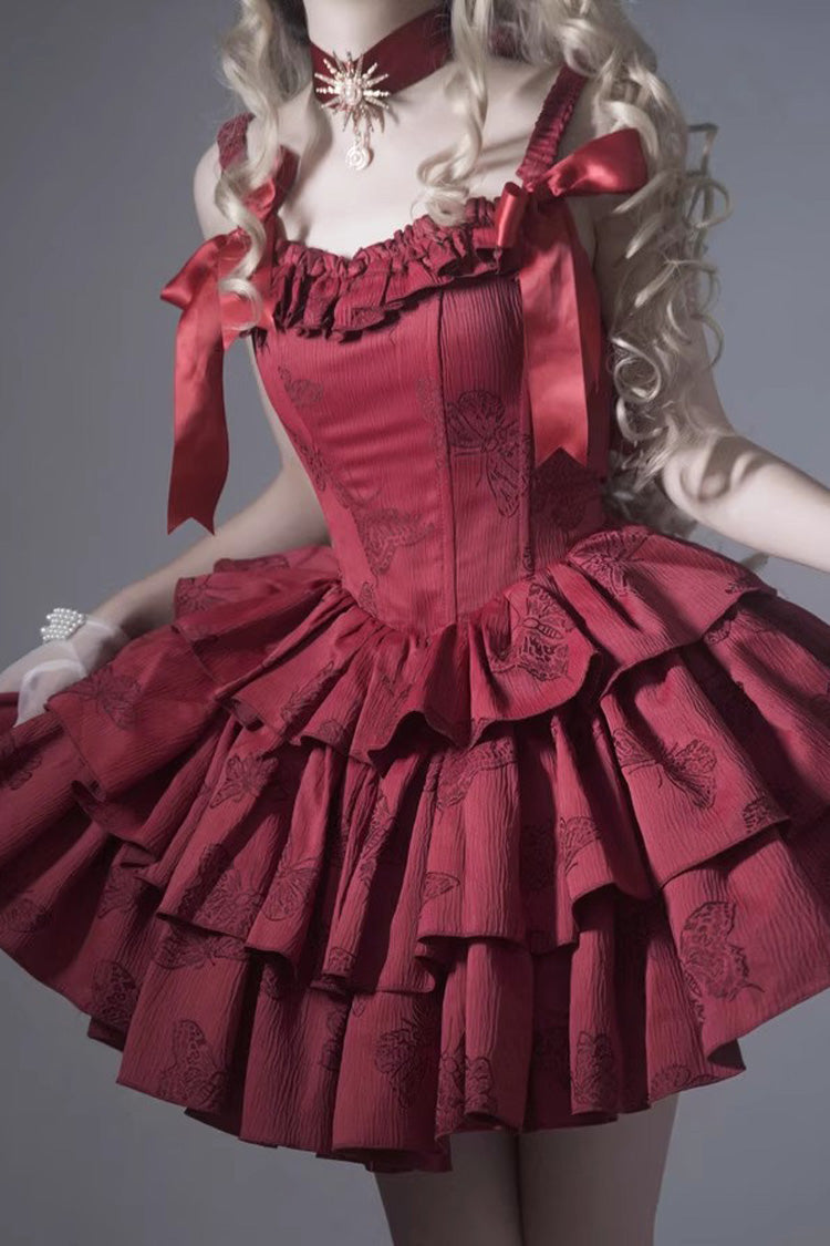 Wine Red Sleeveless Multi-Layer Ruffle Bowknot Fish Bone Gothic Lolita Jsk Dress