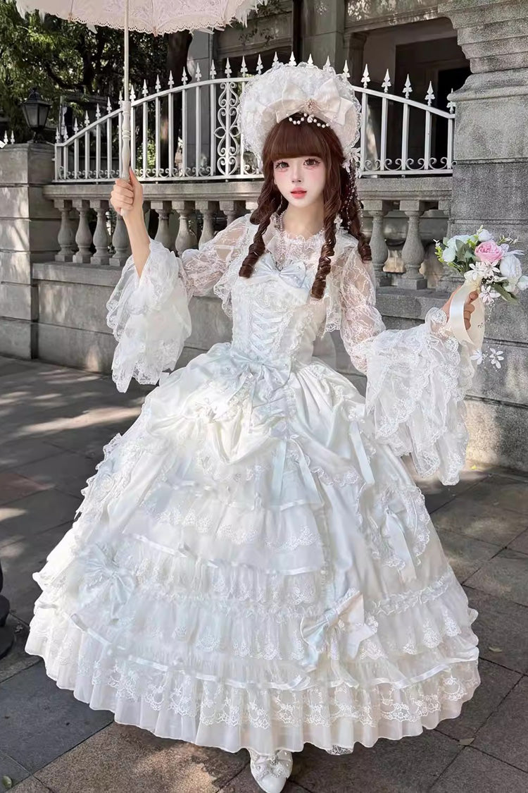 Ivory Curtain Ode Multi-Tier Ruffled Bridal Front Bow Lace-Up Long JSK