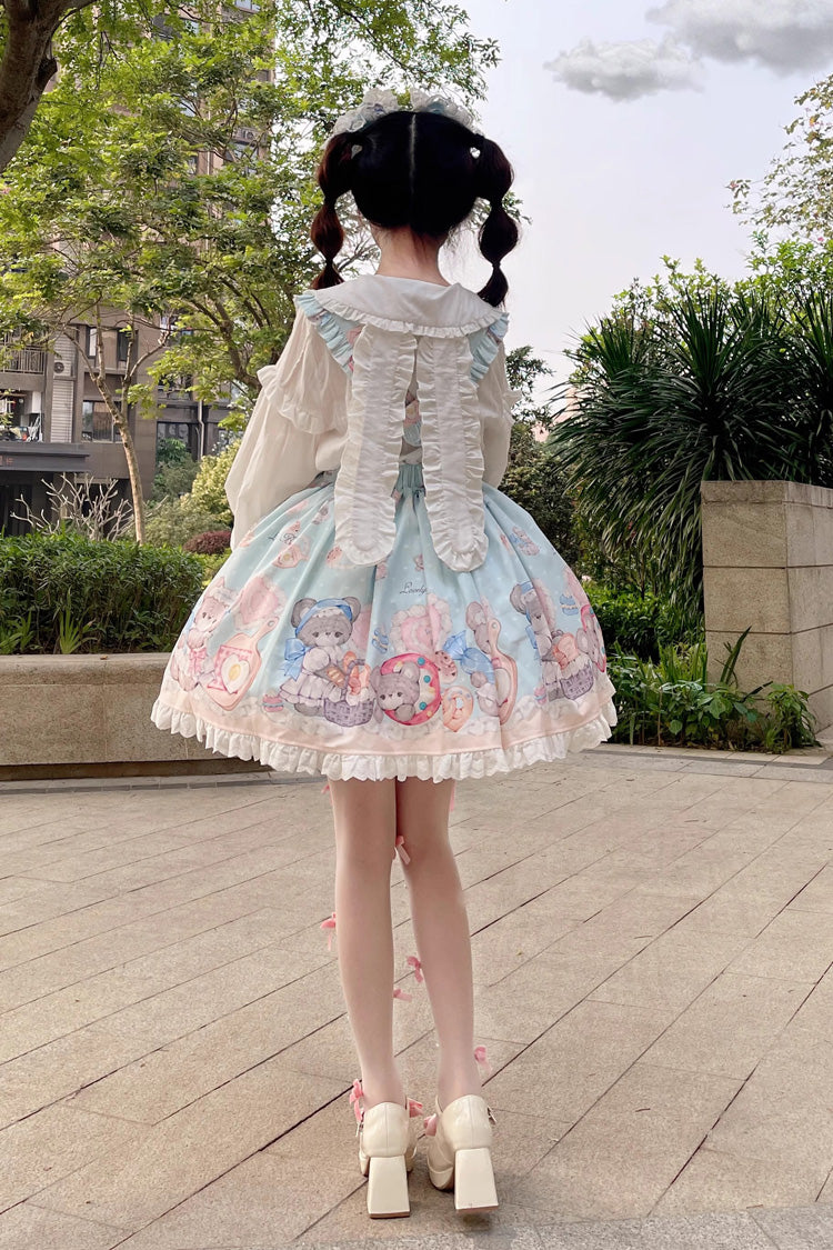 Azure Baked Bear Print Ruffled Sweet Lolita Skirt