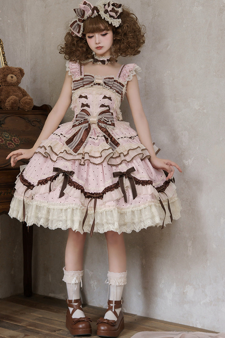 Sleeveless Print Ruffle Bow Lace-Up Sweet Elegant Lolita Jumper Dress - Pink