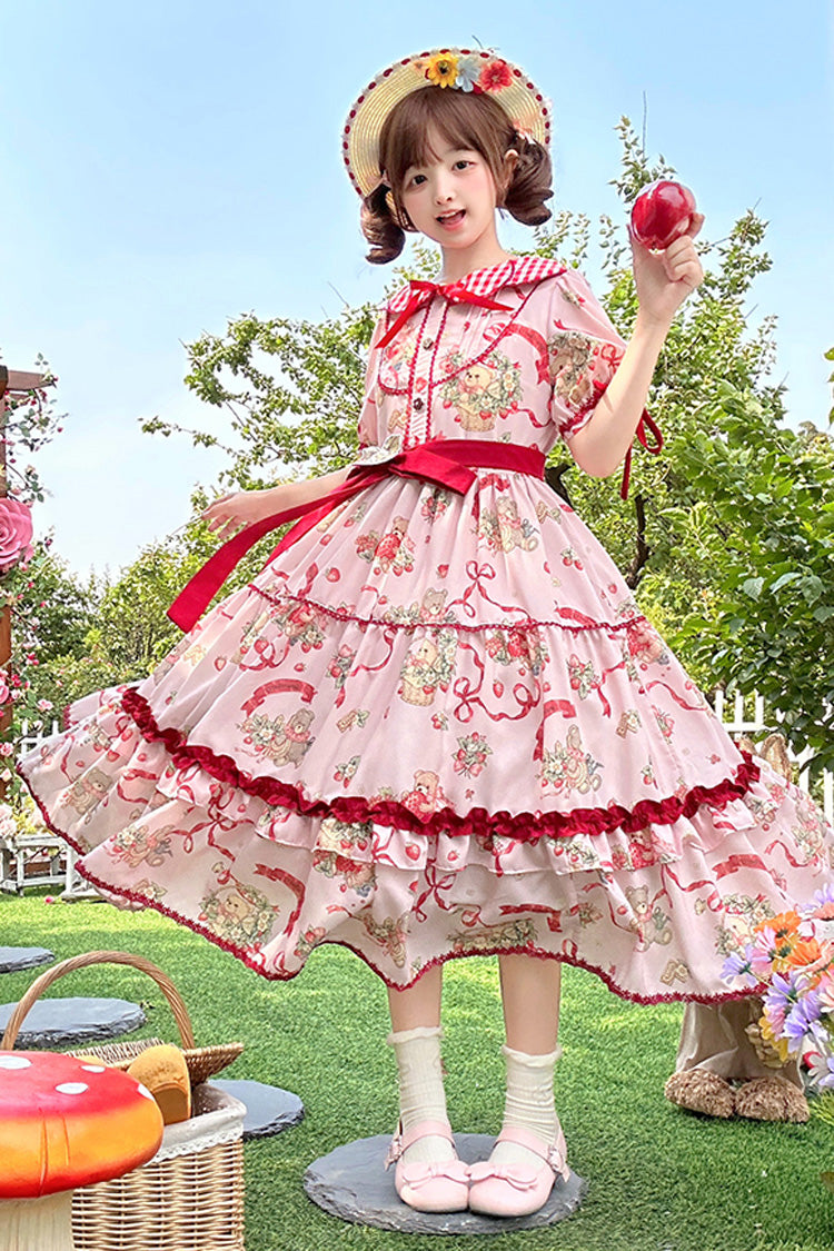 Bear Strawberry Garden Collar Short Sleeve Print Bow Sweet Lolita Dress