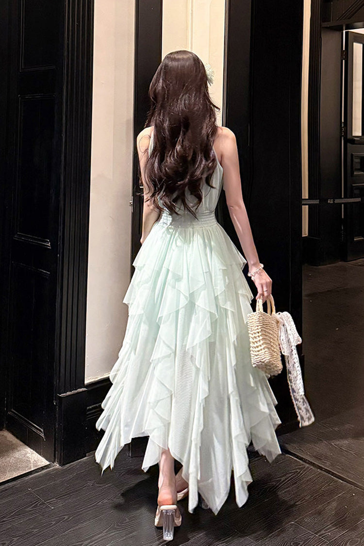 Green Halterneck Ruffled Irregular Sweet Dress