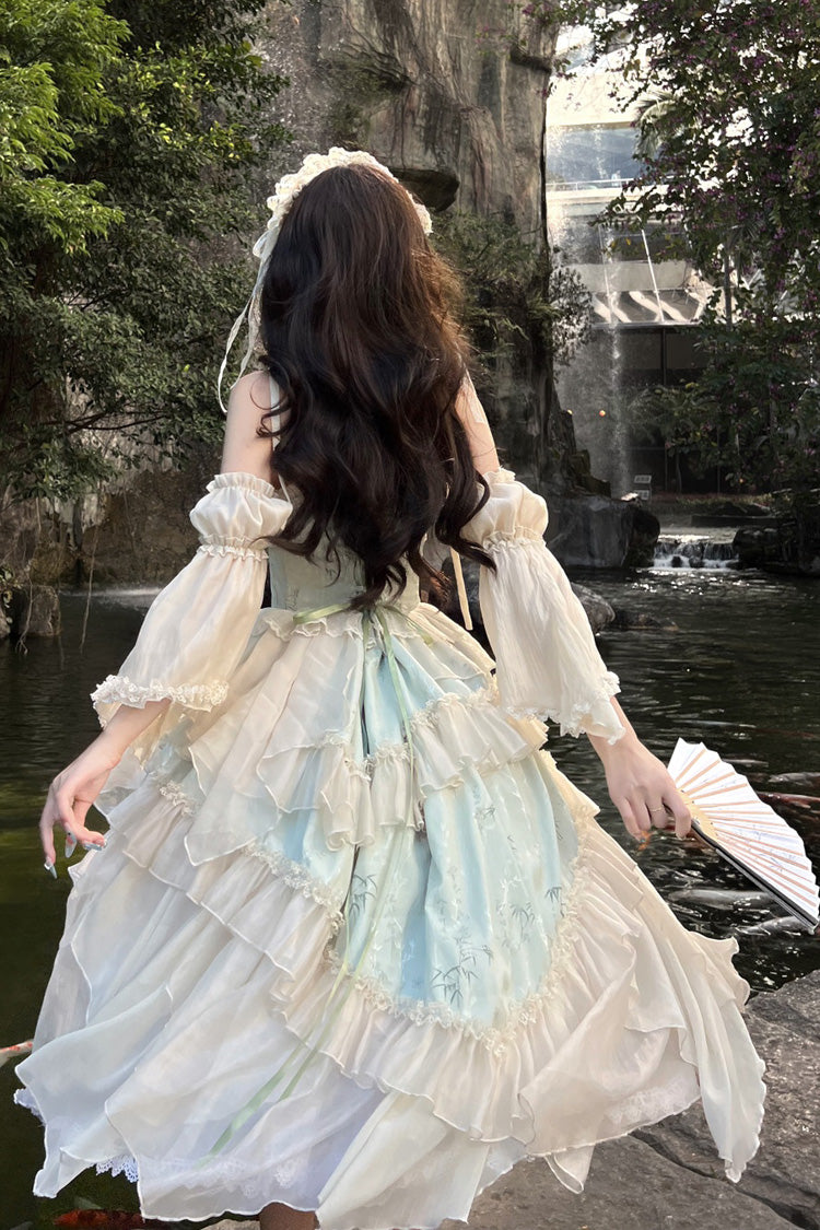 Green Tea Bamboo Song Sleeveless Jacquard Ruffle Bow Lace Chinese Ballet Jsk Dress