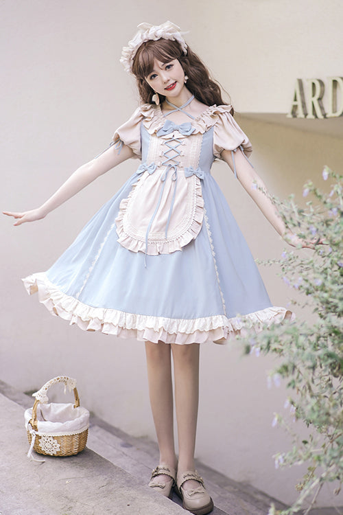 Sweet Lolita OP Dress - Puff Sleeve, Bowknot, High Waist