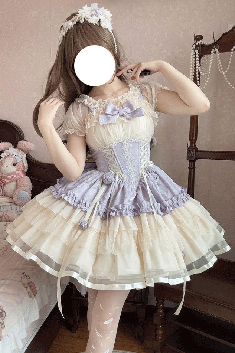 Triple-Layered Ballet Bow Lace-Up Sweet JSK Dress in Purple Ivory