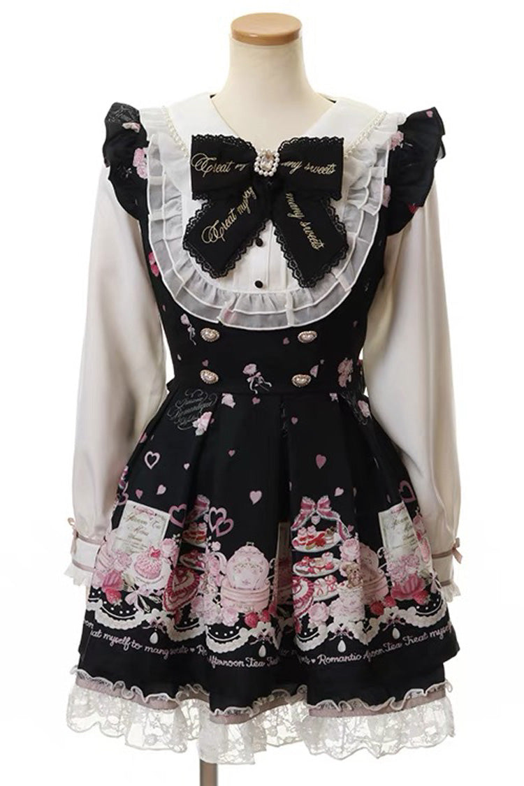 Afternoon Tea Print Ruffle Bowknot Lace Sweet Jirai Kei Plus Size Dress - 3 Colors