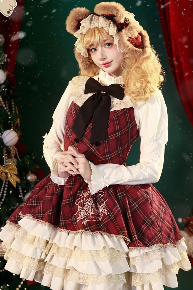 Multi-Layered Christmas Plaid Print Ruffle Sweet Lolita Jsk Cloak Red