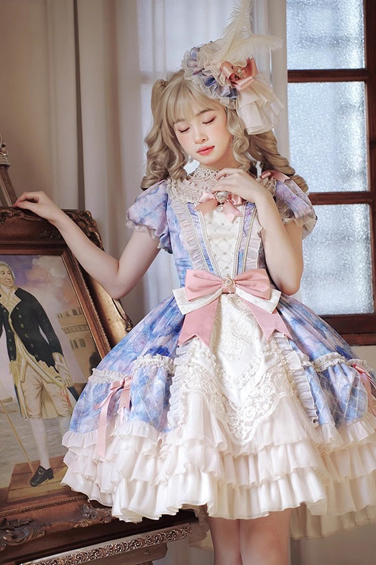 Angel Heart Sky Oil Painting Printed Bow Cardigan Sweet Lolita Dress - Multi-Color