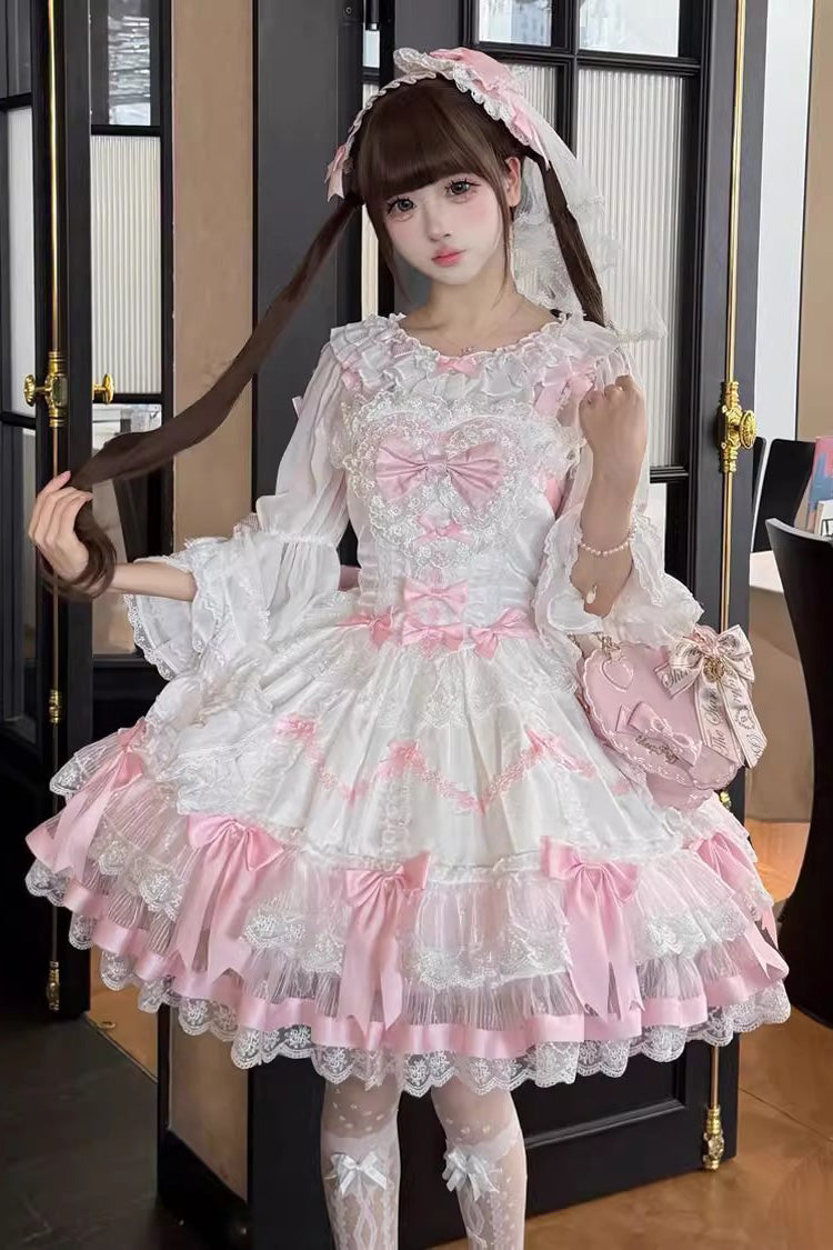 Pink White Scarlet Heart Cocoa Sleeveless Triple-Layered Ruffle Embroidery Lace Sweet Lolita Jsk Dress