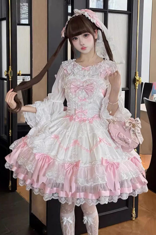 Pink White Scarlet Heart Cocoa Sleeveless Triple-Layered Ruffle Embroidery Lace Sweet Lolita Jsk Dress
