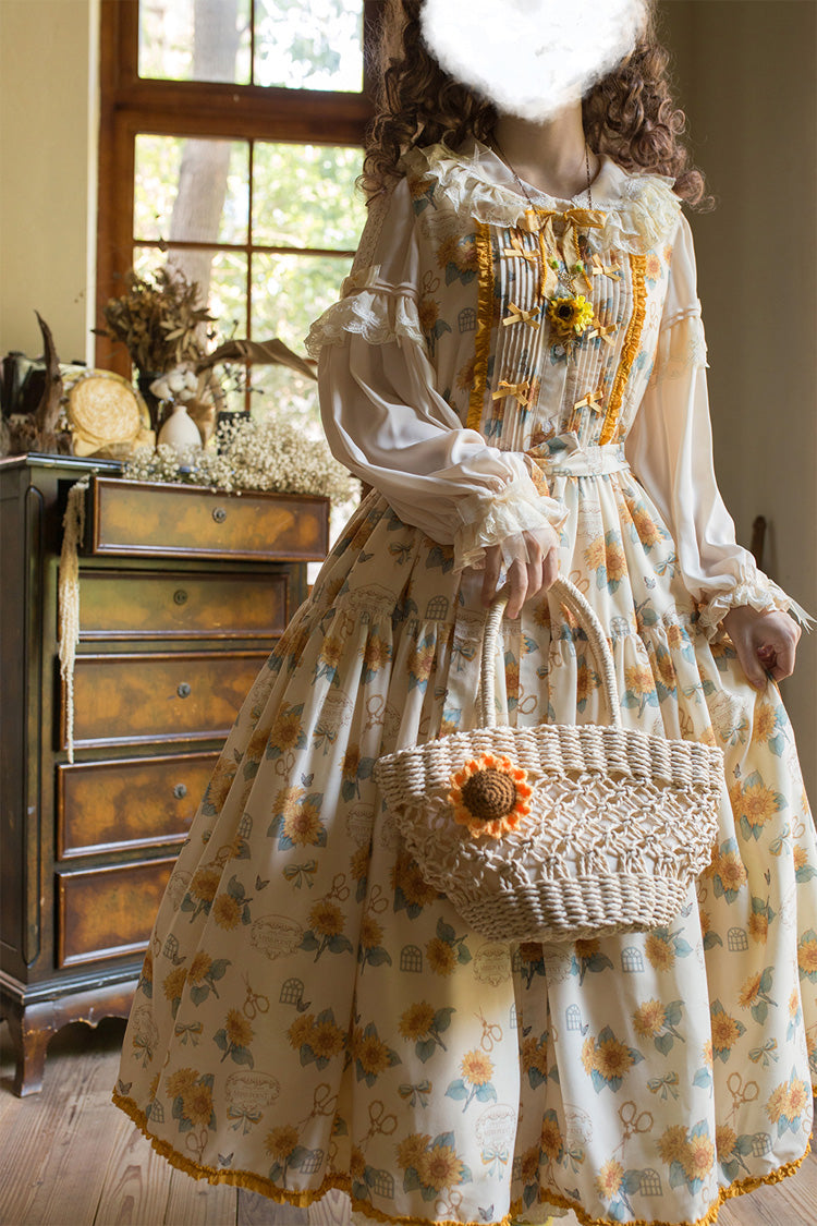 Apricot Sweet Elegant Lolita JSK Dress with Sleeveless Print Ruffles and Bowknot Accents