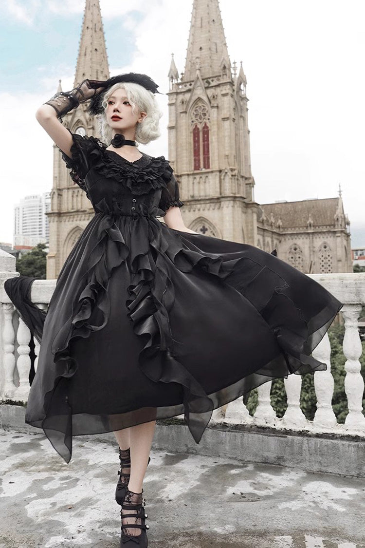 Lace-Trim Puff-Sleeve Gothic Lolita Dress