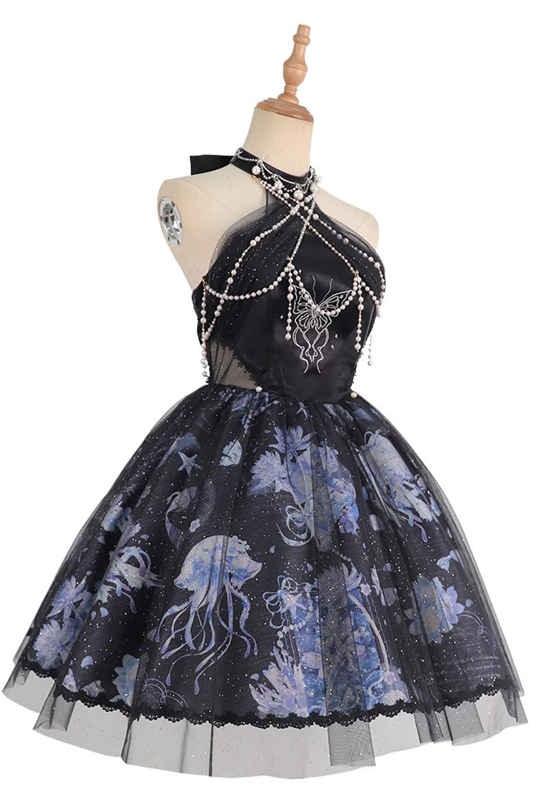 Blue Halterneck Sleeveless Embroidery Bowknot Lace Elegant JSK Dress