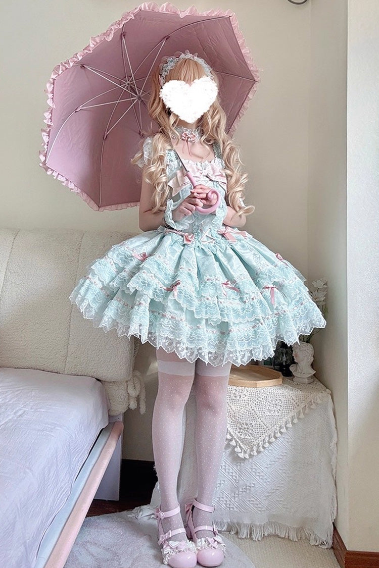 Green Sleeveless Ruffled Bow Lace-Up Sweet Elegant JSK - Flora Isle Butterfly