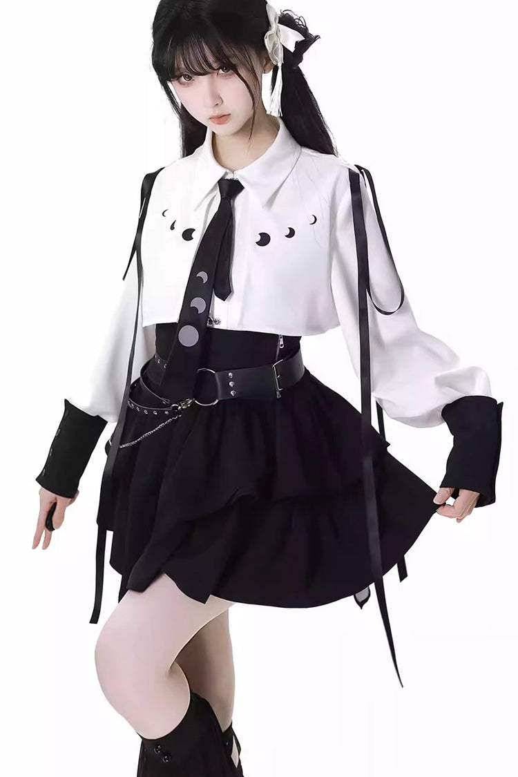 Moonlight Flowing Ruffled Asymmetric Gothic Jirai Kei Skirt Set - White/Black