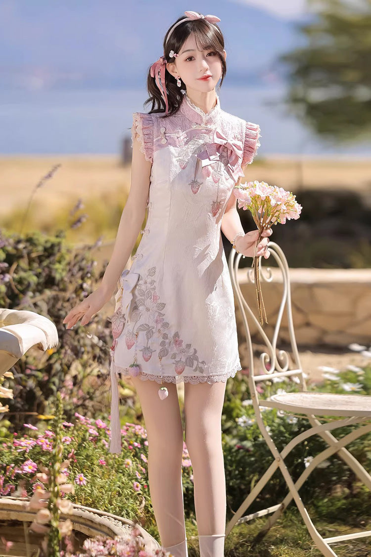 Ivory and Pink Spring Strawberry Stand Collar Ruffled Embroidered Lace Color-Blocked Chinese Sweet Lolita Cheongsam