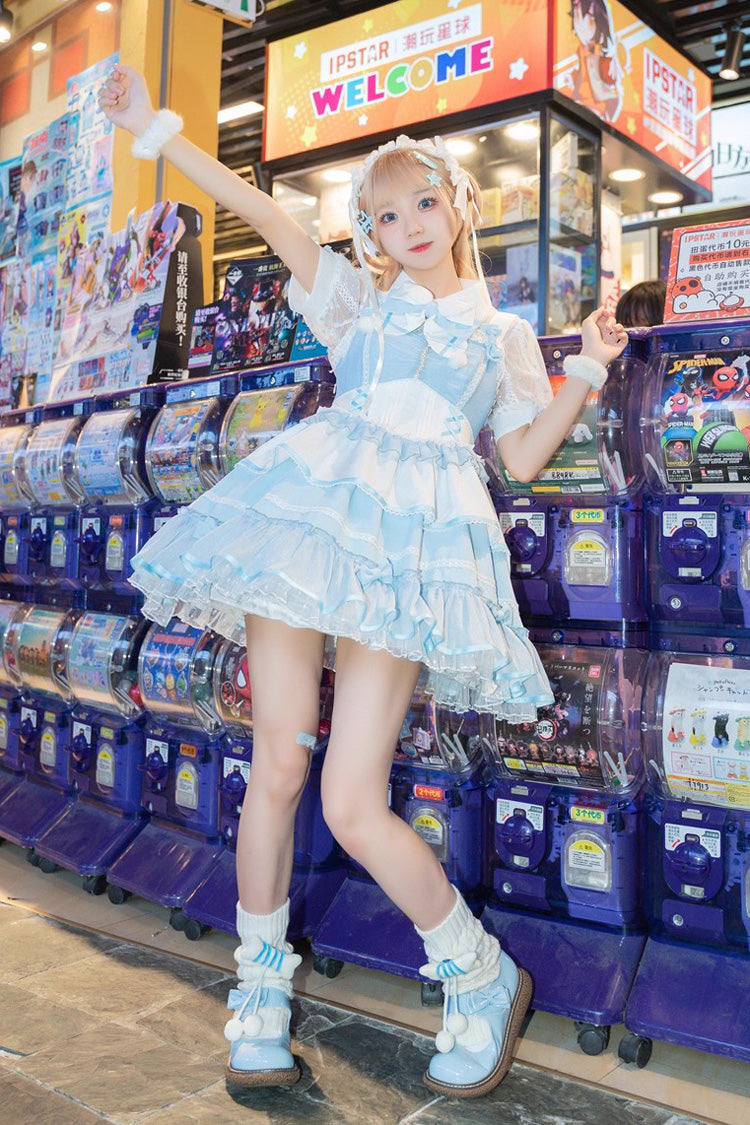 Blue/White Cotton Cloud Lapel Collar Ruffle Ribbon Lace-Up Girly Lolita JSK Dress