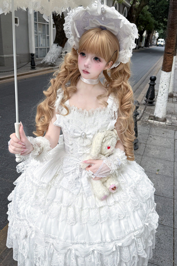 Ivory Square Collar Sleeveless Multi Bridal Embroidered Bow Lace JSK