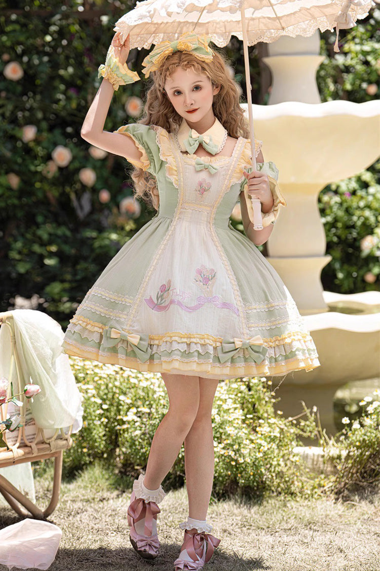 Green Tulip Print Short-Sleeve Ruffle Bow Sweet Lolita Dress