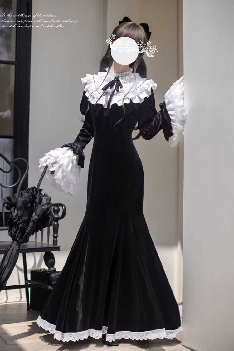 Velvet Hime Sleeve Ruffle Bowknot Gothic Lolita Fishtail Dress Black