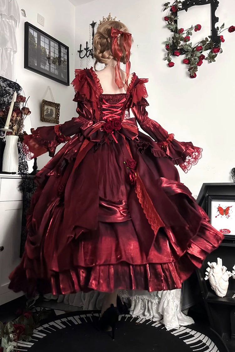 Red Rose-Printed Gothic Strapless Dress with Long Sleeves