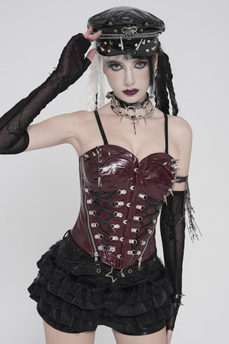 Crimson Studded Punk Corset with Lacing and Zip