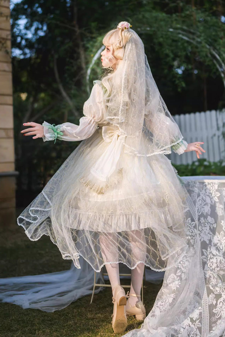 Long Sleeve Multi-Layer Ruffle Bow Lace Lace-Up Sweet Princess Lolita Dress - Green