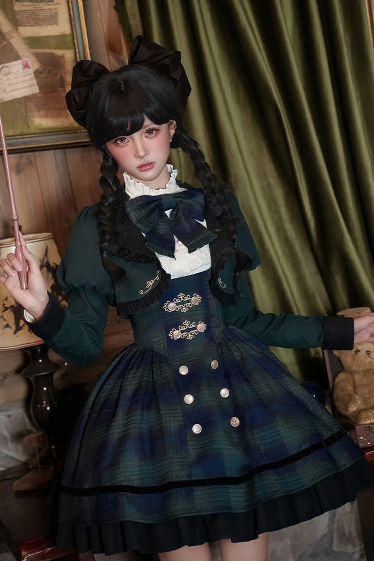 Blue Green Berlin Letter Double-Layered Plaid Print Ruffle Bowknot Classic College Style Lolita Strap Dress Set