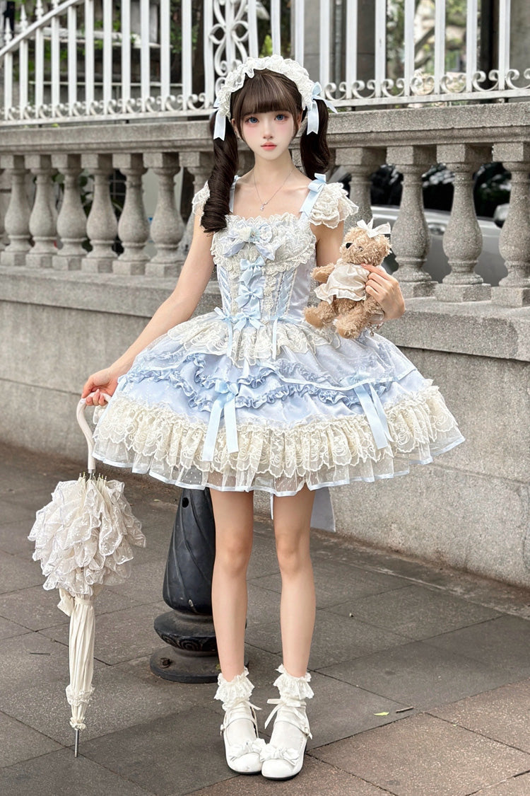 Dreaming Butterfly Blue Multi-Layered Jacquard Ruffle Bowknot Lace Sweet Princess JSK Dress