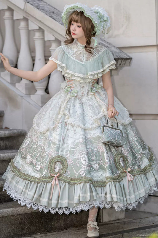Spring Green Edwardian Collar Jacquard Printed Lace Fishbone Sweet Dress - Cloudborne Prelude