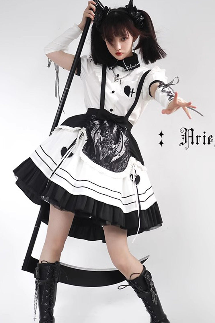 White Black Ruffle British Style Maid Gothic Lolita Strap Dress