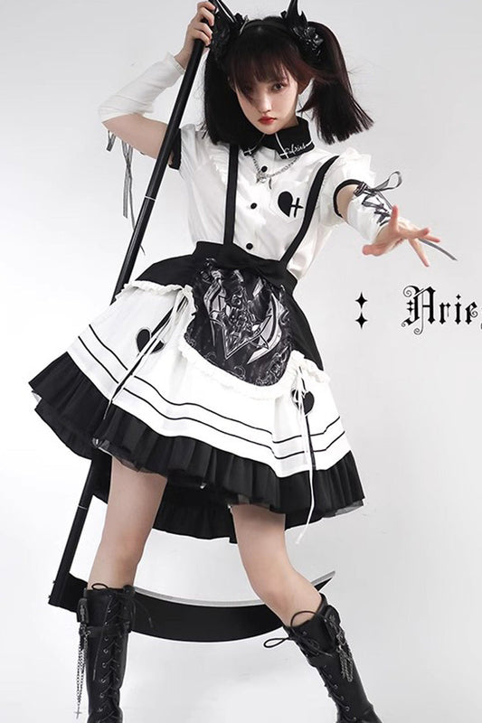 White Black Ruffle British Style Maid Gothic Lolita Strap Dress