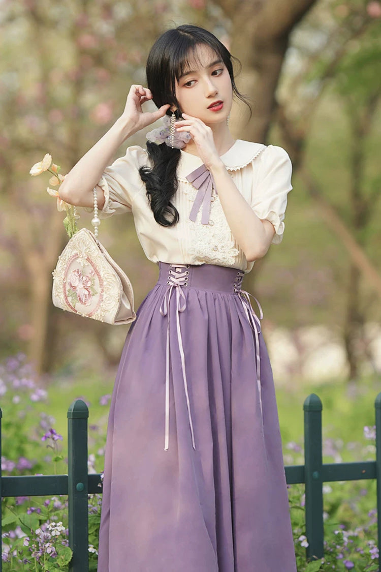 Lapel Collar Short-Sleeve High-Waisted Lace-Up Wave Hem Lolita Two-Piece Set, 7 Colors