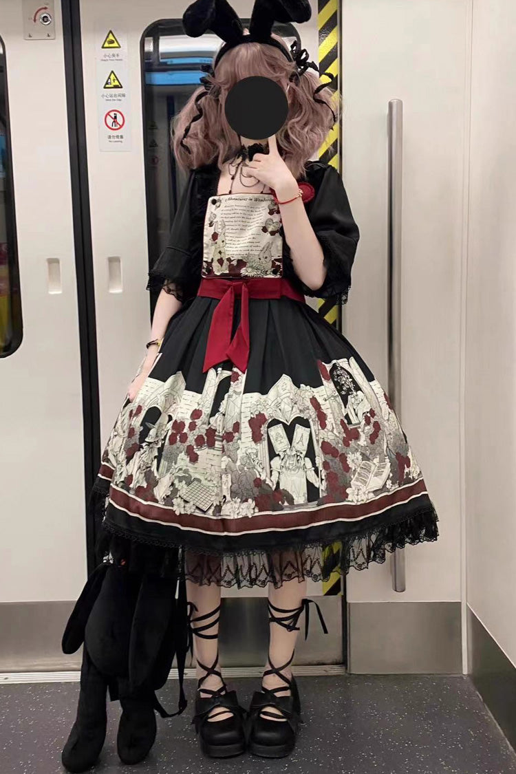 Black Alice of the Asylum Print Bow Lace Gothic Lolita Dress Two Versions