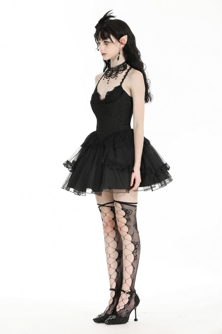 Lace Trimmed Lace-Up Gothic Party Slip Dress with V-Neck