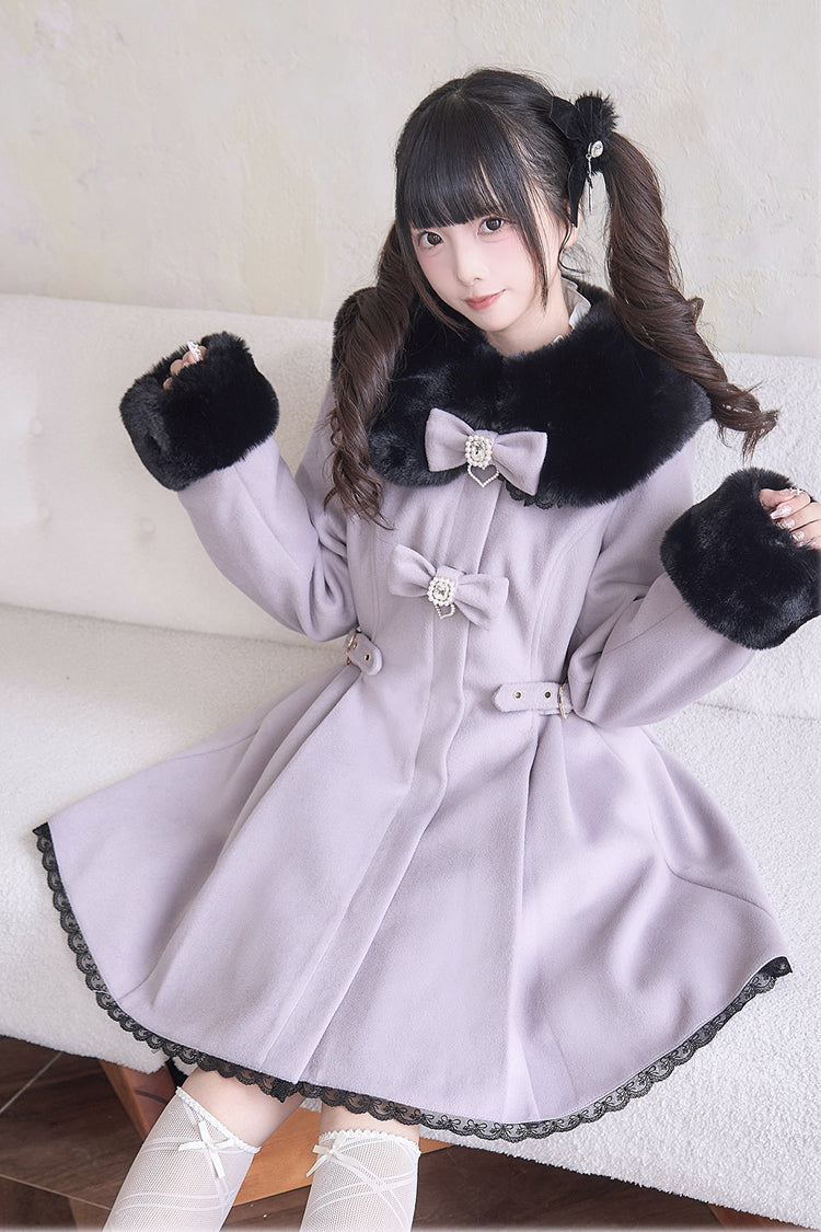 Plush Collar Waist-Cinched Long Sleeve Bow Lace Coat - Lolita Outerwear