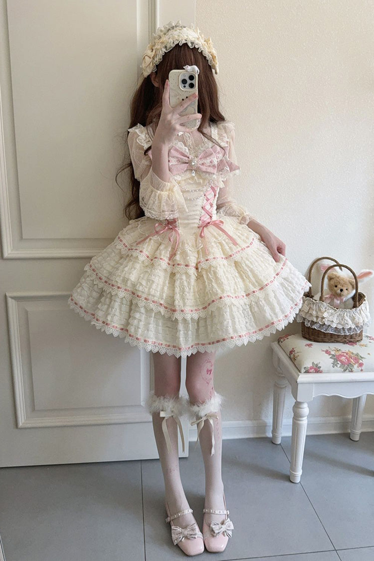 Sweet Lolita JSK Dress with Triple-Layer Bowknot Lace-Up and Apricot Sleeveless Design