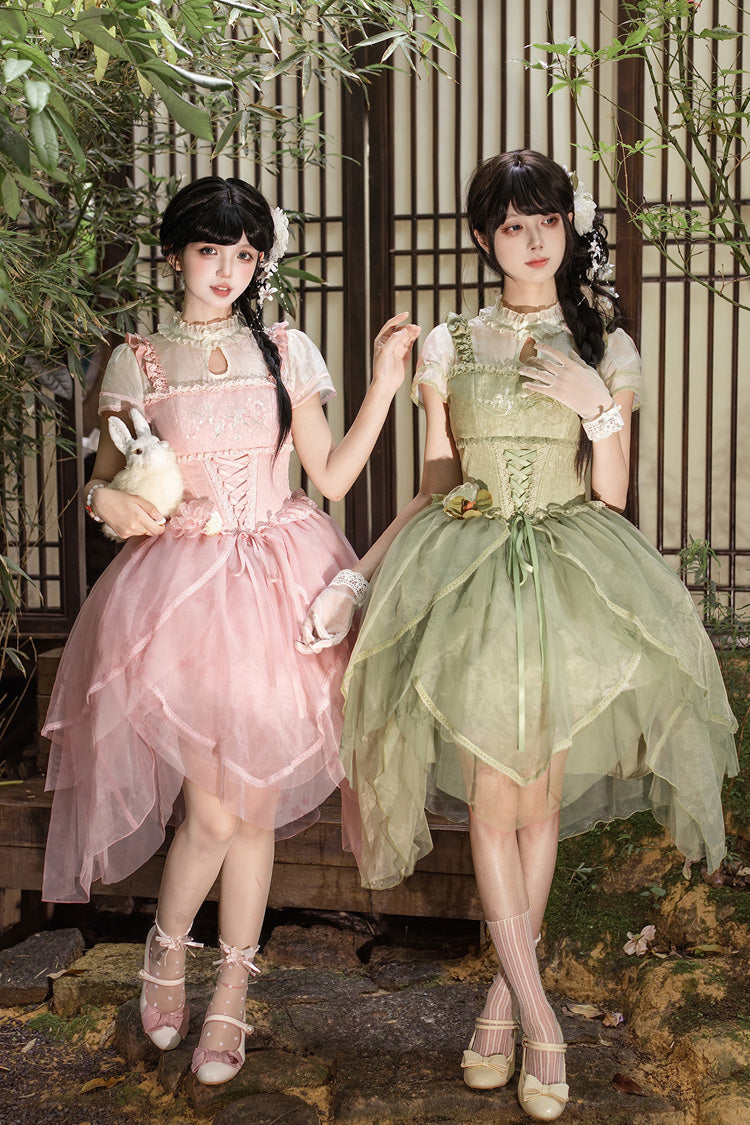 Fragrance Stand Collar Short Sleeves Multi-Layered Printed Ruffled Bow Lace Irregular Chinese Style Sweet Lolita Dress 2 Colors - Green/Pink