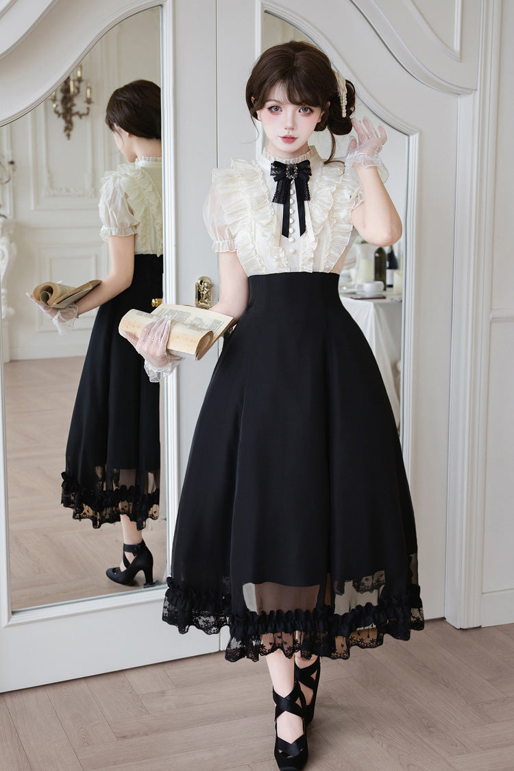 Miss Lola Snow Kiss Stand Collar Short Puff Sleeves Ruffled Color-Blocked Faux Two-Piece Sweet Lolita Long Dress 3 Colors - Black