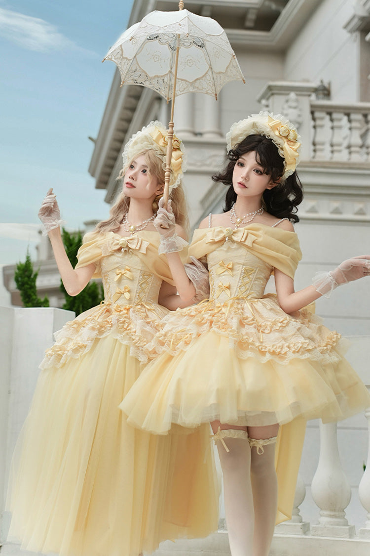 Yellow Off Shoulder Sweet Skirt with Lace and Bow - Sissi's Pilgrimage