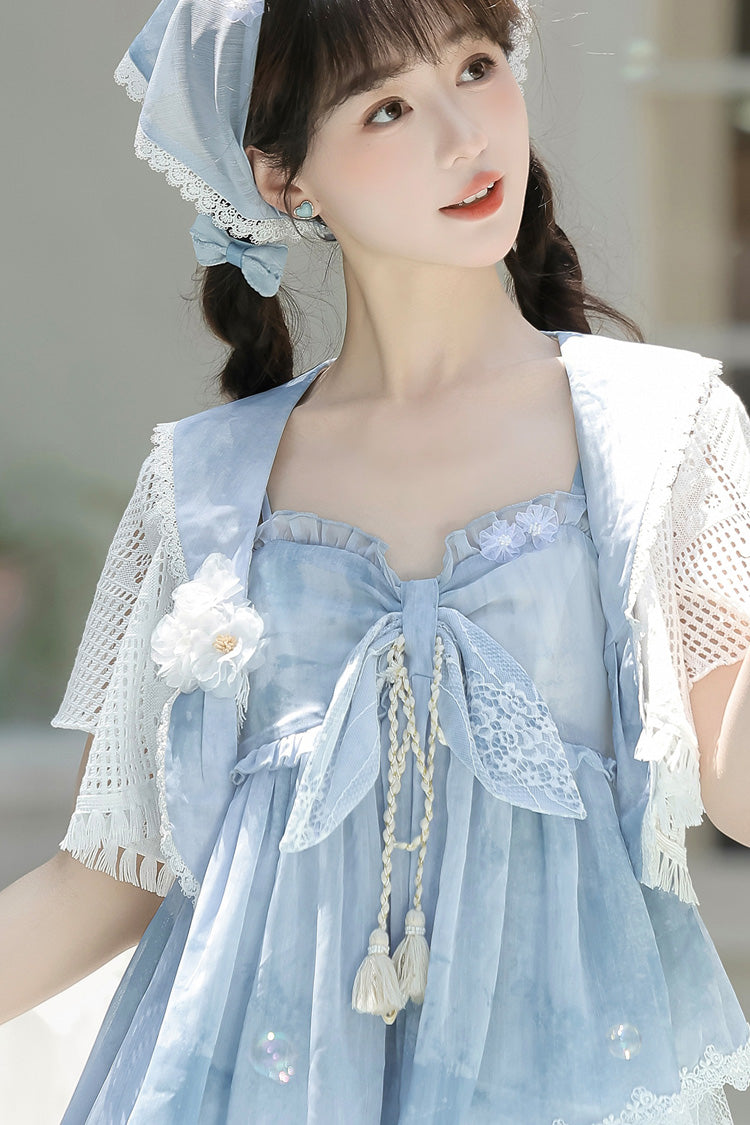 Print Ruffle Embroidery Bow Lace Irregular Lolita Jumper Dress - Blue